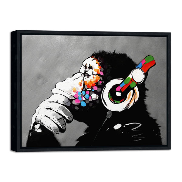 Black Framed Monkey With Headphones Banksy Graffiti Art