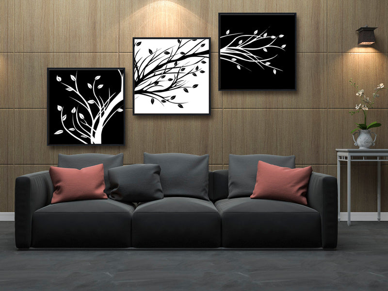 Black Framed Leaves Modern 3 Panels Flowers Artwork Canvas Prints