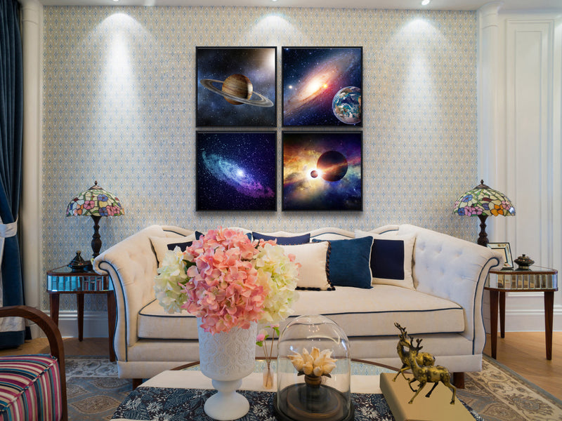 Black Framed Wall Art 4 Panels Contemporary Star Sky Pictures Astronomy Artwork