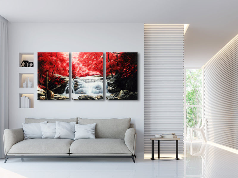 3 Piece Red Forest Waterfalls Canvas Prints Wall Art