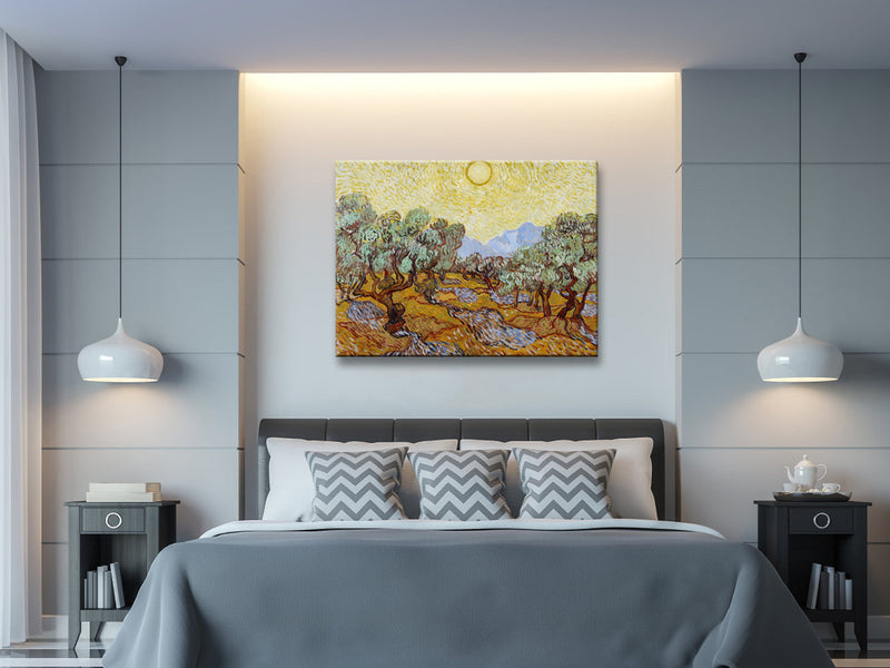 Olive Trees with Yellow Sky and Sun Canvas Print of Vincent Van Gogh