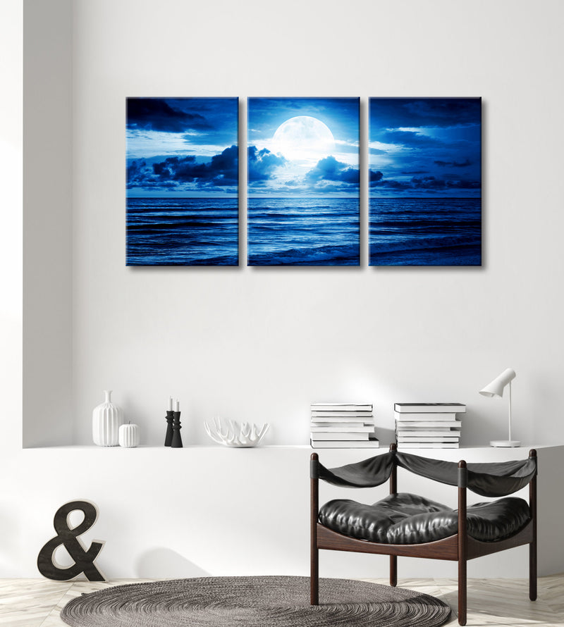 Modern 3 Panels Blue Clouds Moon Sea Beach Landscape Canvas Prints