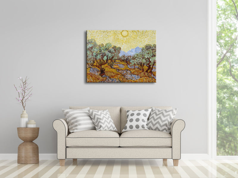 Olive Trees with Yellow Sky and Sun Canvas Print of Vincent Van Gogh