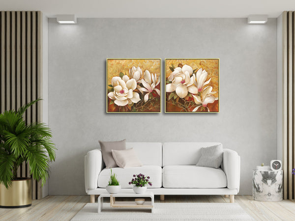 Gold Framed Modern Brown Magnolia Flowers Floral Artwork