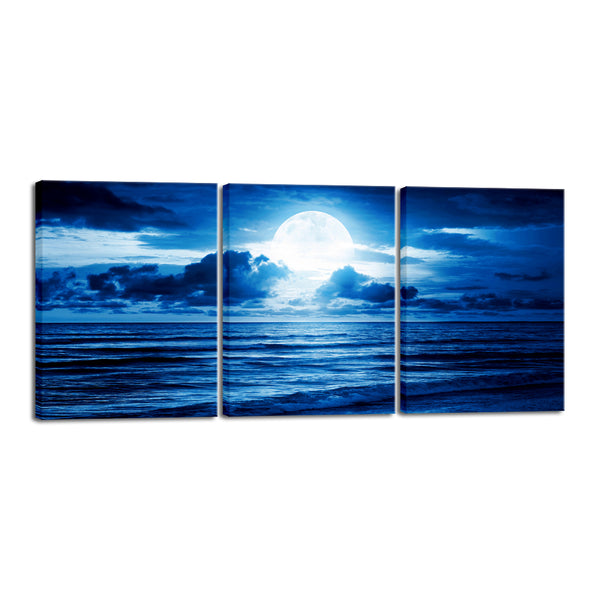 Modern 3 Panels Blue Clouds Moon Sea Beach Landscape Canvas Prints