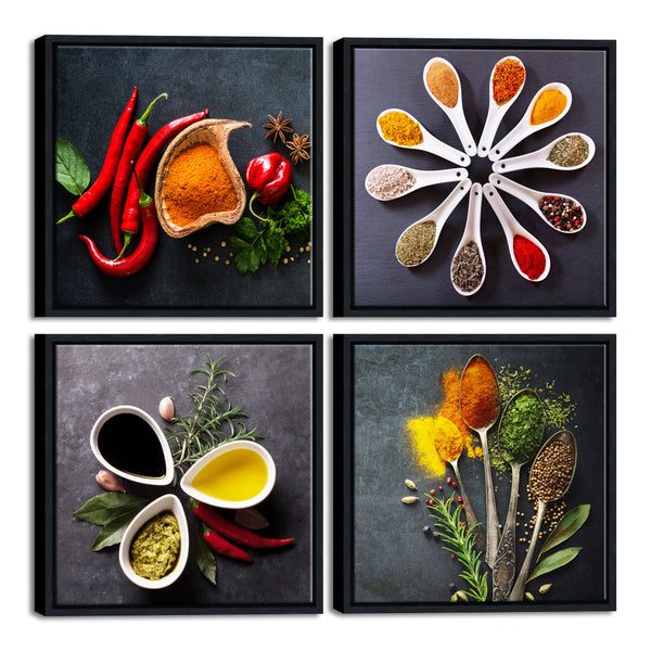 Black Framed Colorful Spices and Spoon Vintage Canvas Prints