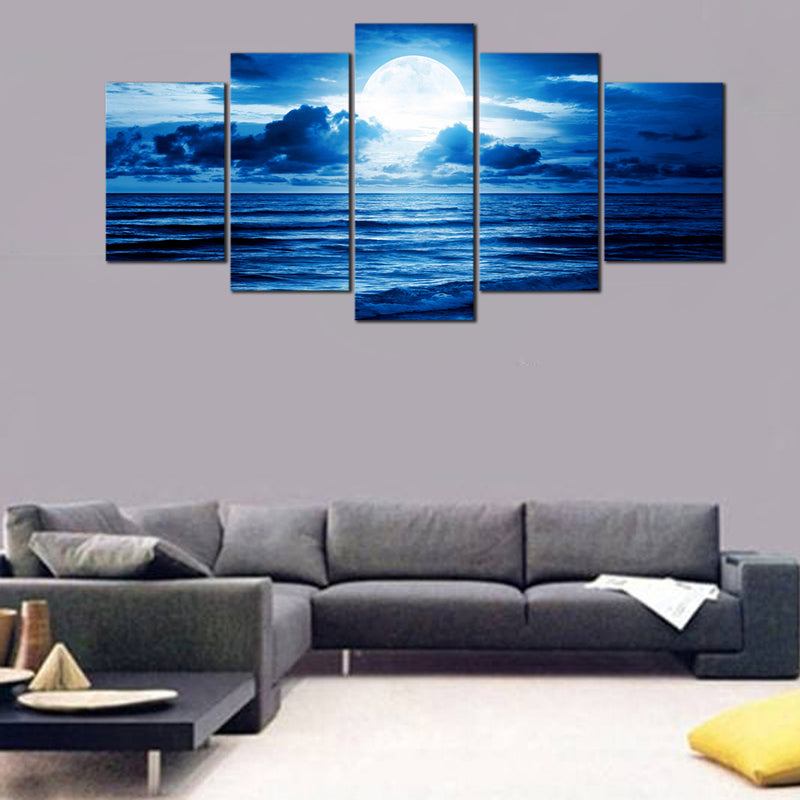Blue Clouds 5 Panels Moon Sea Beach Canvas Wall Art