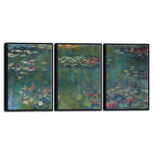 Black Framed 3 Panels Canvas Wall Art Water Lilies by Claude Monet