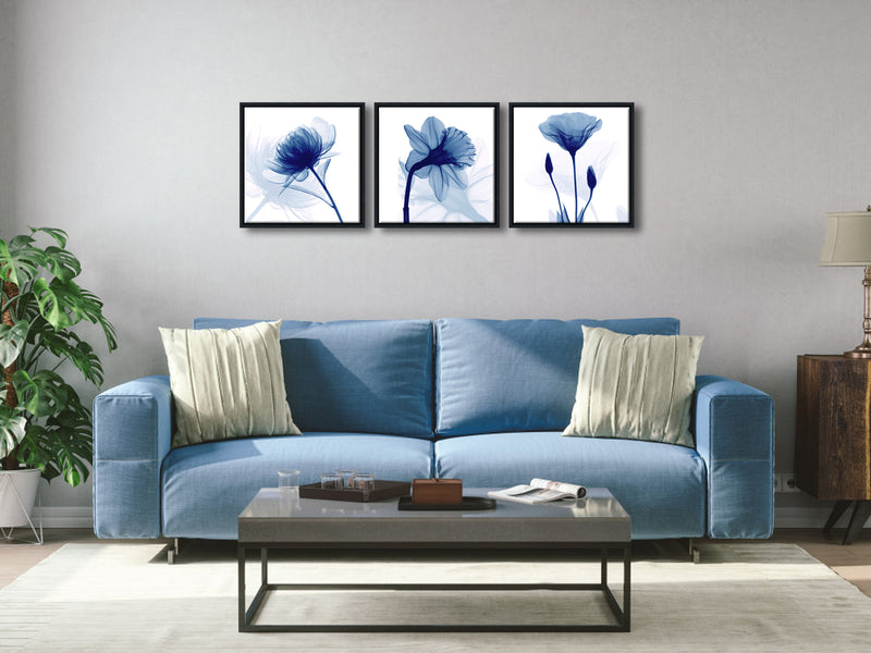 Black Framed Blue Abstract Flowers 3 Panels Canvas Prints Wall Art