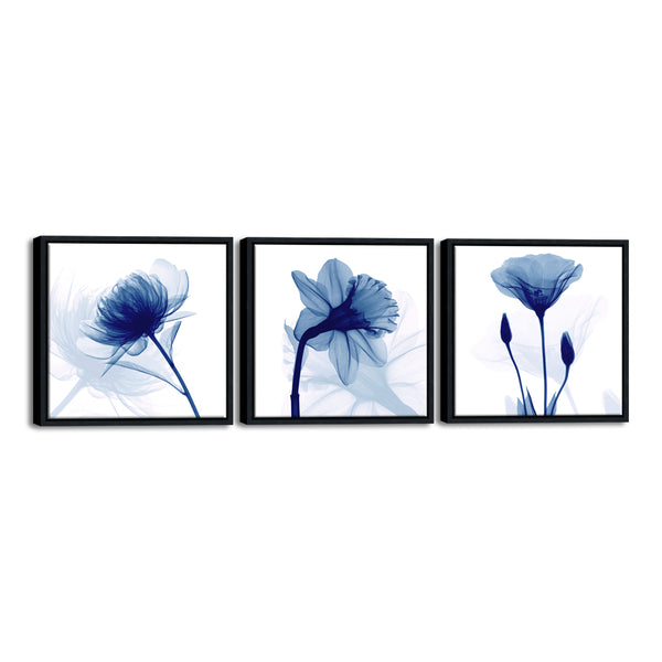 Black Framed Blue Abstract Flowers 3 Panels Canvas Prints Wall Art