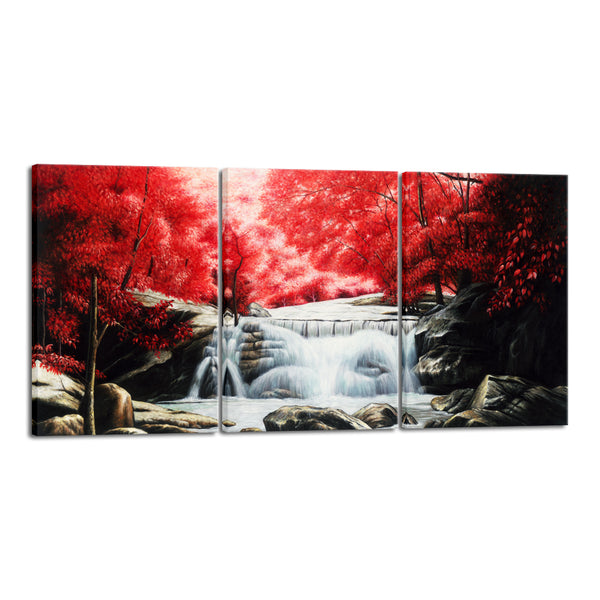 3 Piece Red Forest Waterfalls Canvas Prints Wall Art