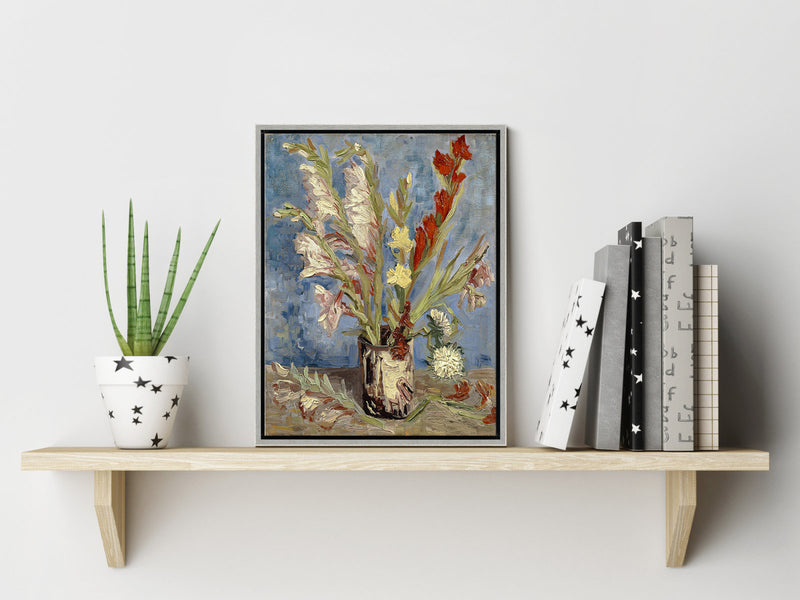 Silver Framed Wall Art Vase with Gladioli and China Asters by Van Gogh