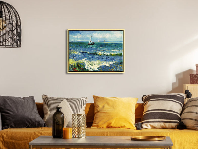 Golden Framed Canvas Wall Art Seascape at Saintes Maries by Vincent Van Gogh