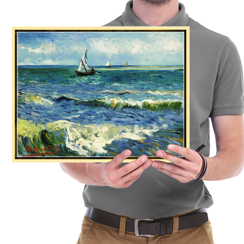 Golden Framed Canvas Wall Art Seascape at Saintes Maries by Vincent Van Gogh