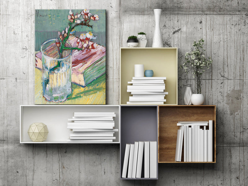 Blossoming Almond Branch in a Glass with a Book by Vincent Van Gogh