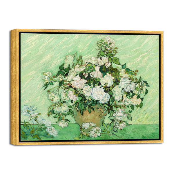 Bronze Gold Framed Wall Art of Vase with Pink Roses by Van Gogh