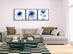 Black Framed Blue Abstract Flowers 3 Panels Canvas Prints Wall Art