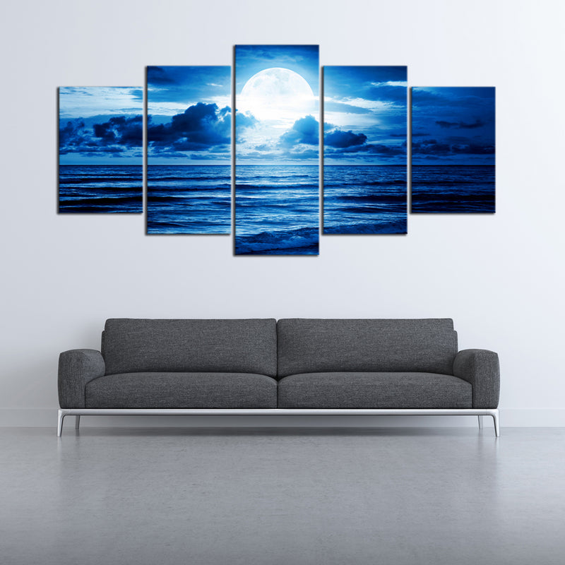 Blue Clouds 5 Panels Moon Sea Beach Canvas Wall Art