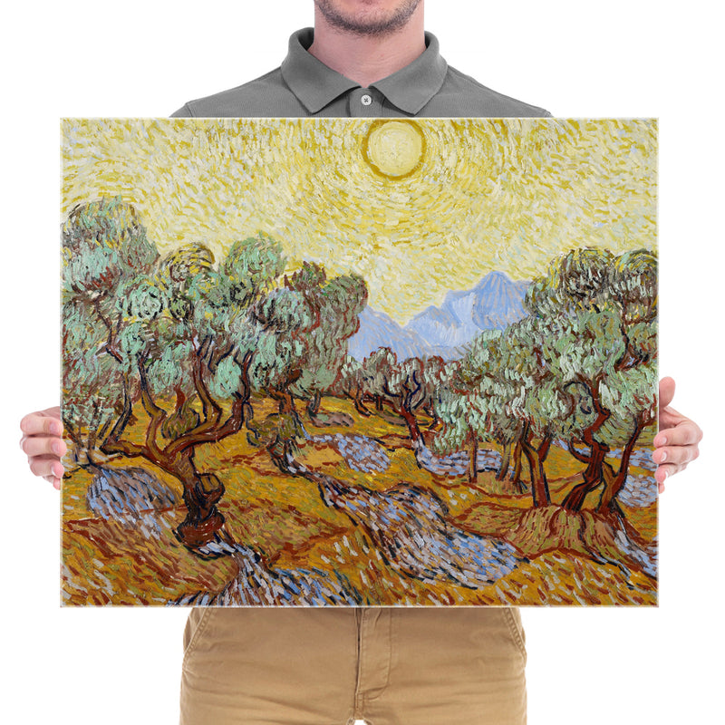 Olive Trees with Yellow Sky and Sun Canvas Print of Vincent Van Gogh