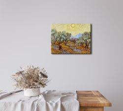 Olive Trees with Yellow Sky and Sun Canvas Print of Vincent Van Gogh