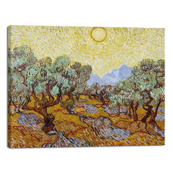 Olive Trees with Yellow Sky and Sun Canvas Print of Vincent Van Gogh